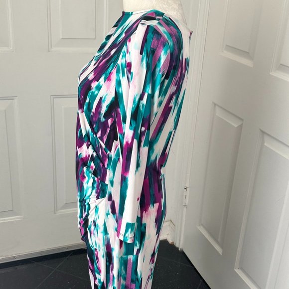 Classy Calvin Klein Women's 3/4 Sleeve Ruched Abstract Print Dress Sz M - Picture 6 of 12